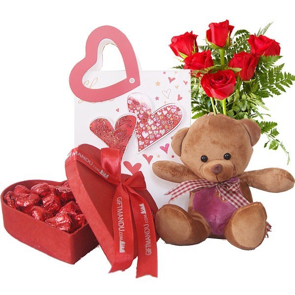 flower teddy and chocolates